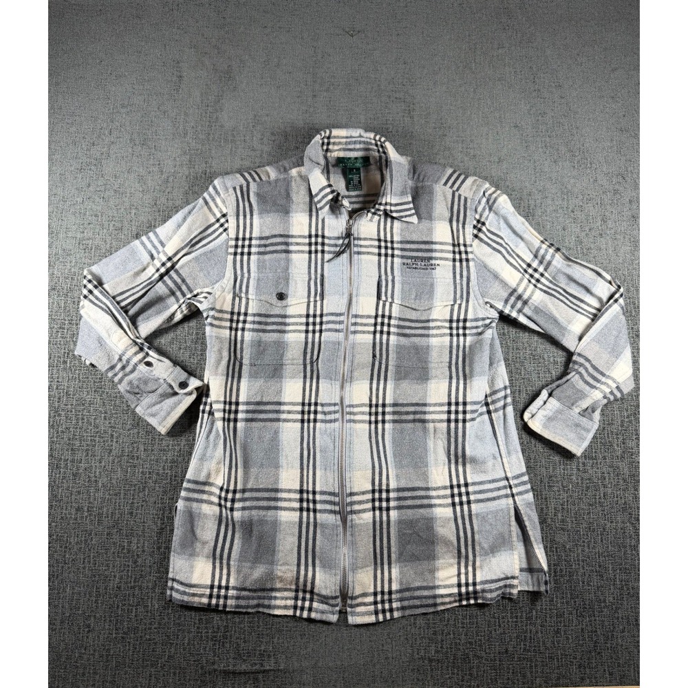 Lauren Ralph Lauren Gray Plaid Zip Up Flannel Shirt Womens Small Cotton